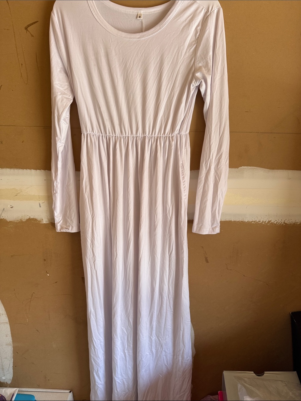 White Long-Sleeve Maxi Dress with Gathered Waist